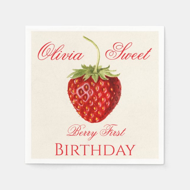 Serviette En Papier Berry First Strawberry Birthday Name Party (Devant)