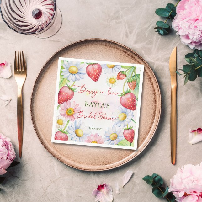 Serviette En Papier Berry in love fraise nuptiale douche imprimé (Berry in love summer garden daisies strawberry bridal shower printed napkins personalized tableware)