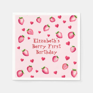 Serviette En Papier Berry rose Premier Anniversaire Fraise Coeurs