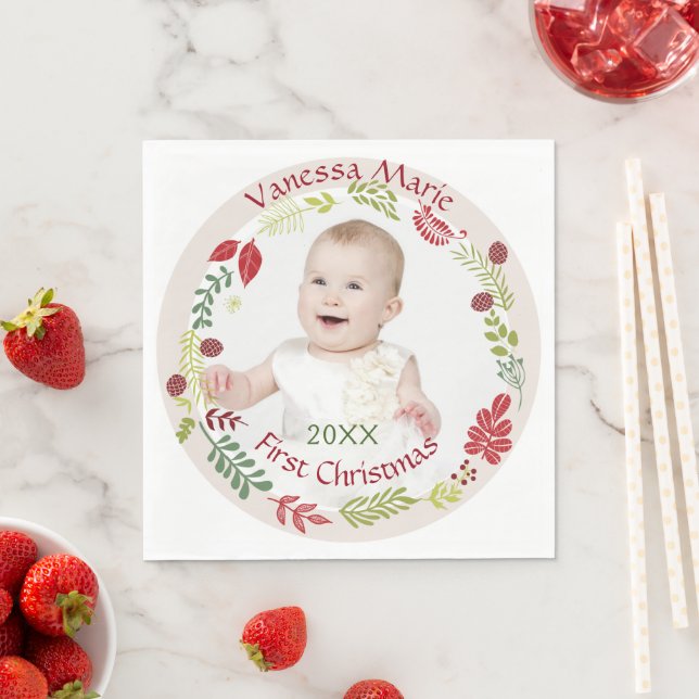 Serviette En Papier Berry Wreath Baby's First Christmas (En situation)