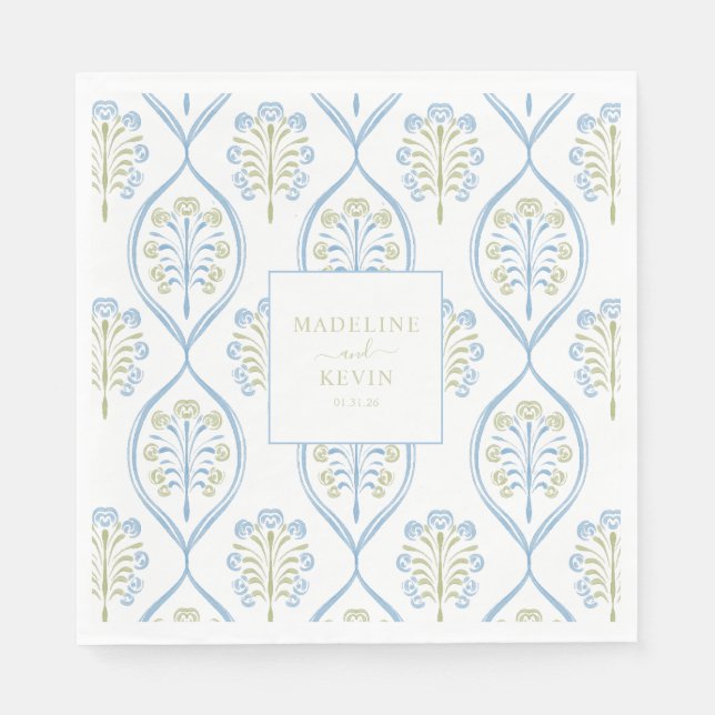 Serviette En Papier Bespoke Blue and Green Floral Wedding Pattern (Devant)