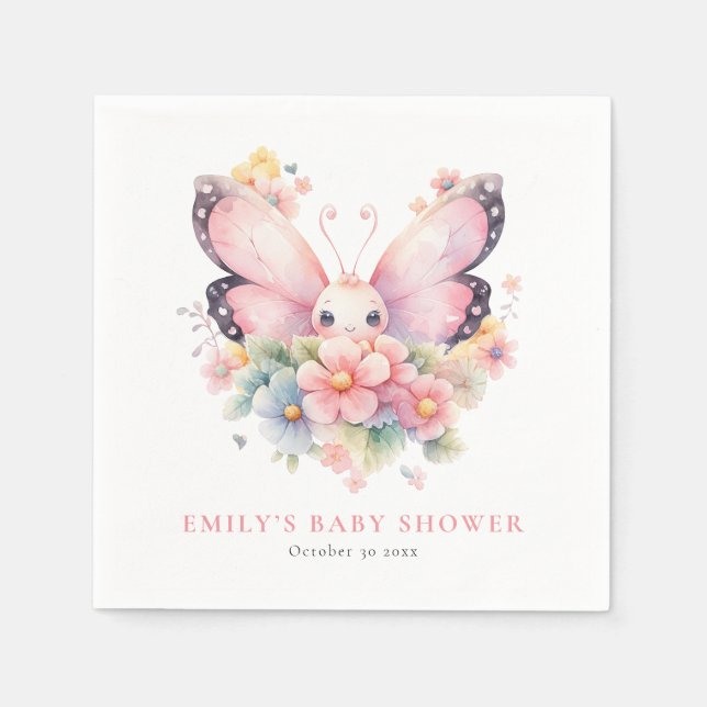 Serviette En Papier Beurre doux et fleurs Baby shower rose (Devant)