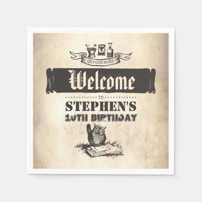 Serviette En Papier Bienvenue à l'anniversaire de la Chouette magique (Devant)