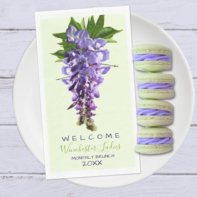 Serviette En Papier Bienvenue Belles Fleurs de Wisteria Nom personnali (Four lines of template text are ready to personalize or remove for your special occasion.)