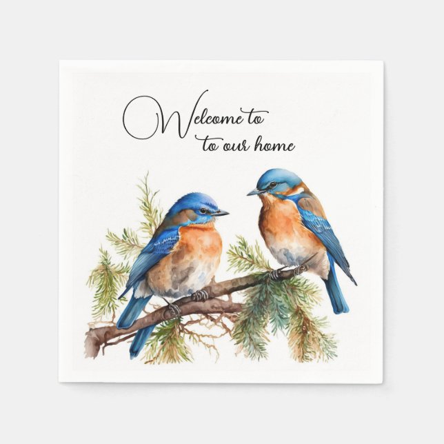 Serviette En Papier Bienvenue Bleus d'aquarelle sur le pin (Devant)