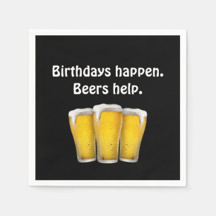 Serviette En Papier Bières d'anniversaire sur serviettes noires