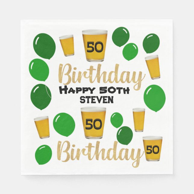 Serviette En Papier Bières de 50 ans et ballons verts Papier Napkin (Devant)