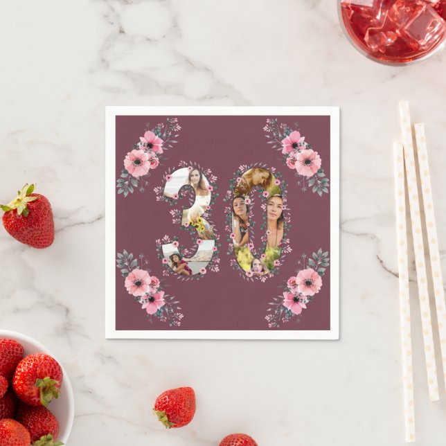 Serviette En Papier Big 30th Birthday Photo Collage Rose Flower Woman (En situation)
