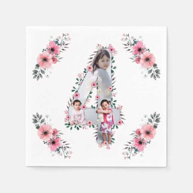 Serviette En Papier Big 4th Birthday Girl Photo Collage Fleur rose (Devant)