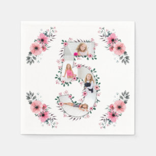 Serviette En Papier Big 5th Birthday Girl Photo Collage Fleur rose