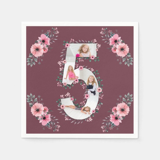 Serviette En Papier Big 5th Birthday Girl Photo Collage Fleur rose (Devant)