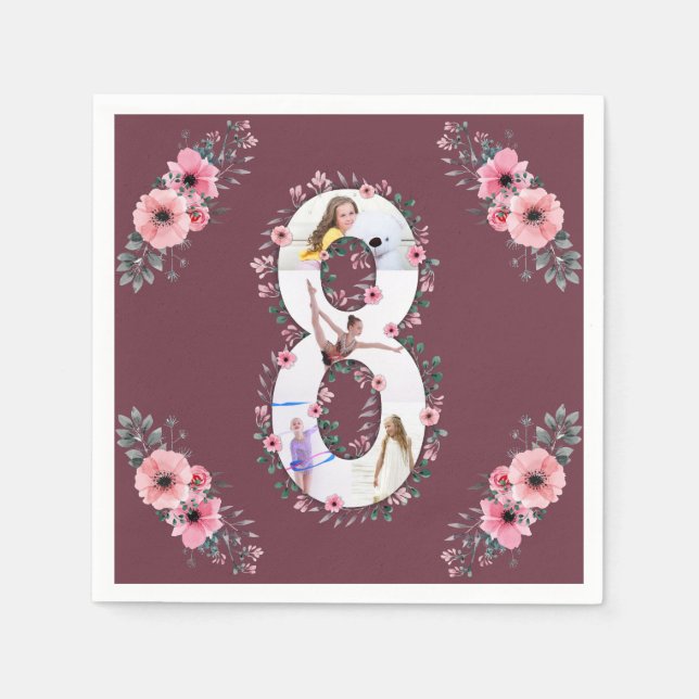 Serviette En Papier Big 8th Birthday Girl Photo Collage Fleur rose (Devant)