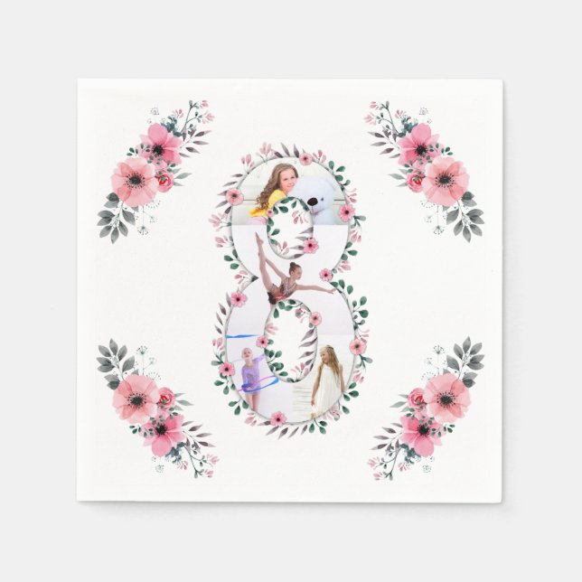 Serviette En Papier Big 8th Birthday Girl Photo Collage Fleur rose (Devant)
