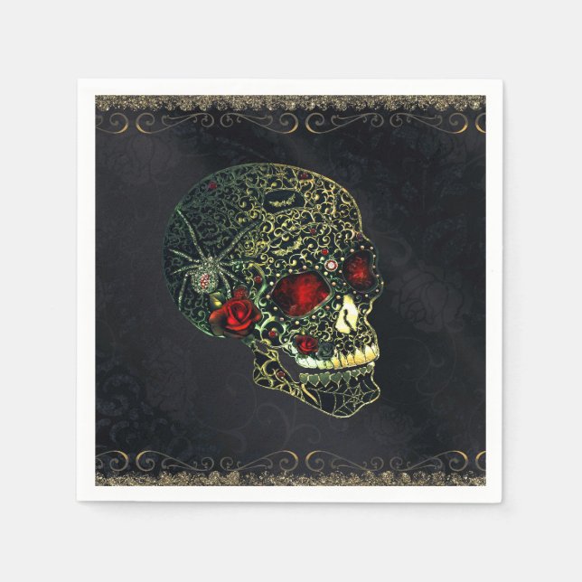 Serviette En Papier Bijoux Spider Crâne et Roses Glam Gothic Party (Devant)