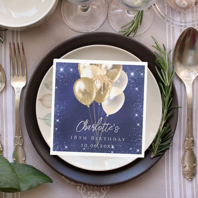 Serviette En Papier Birthday navy blue glitter gold balloons luncheon (Créateur téléchargé)