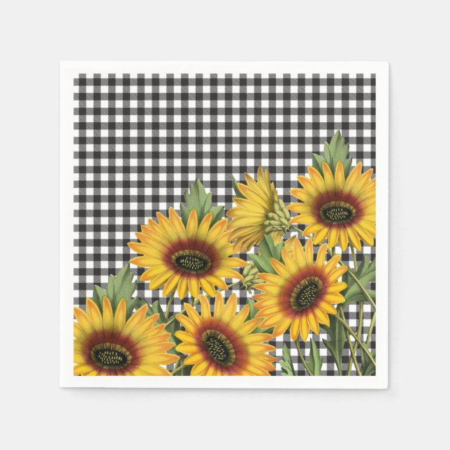 Serviette En Papier Bison noir et blanc Plaid Tournesols jaunes (Devant)