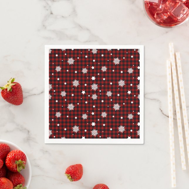 Serviette En Papier Bison noir rouge Plaid Snowflake hiver Noël (En situation)