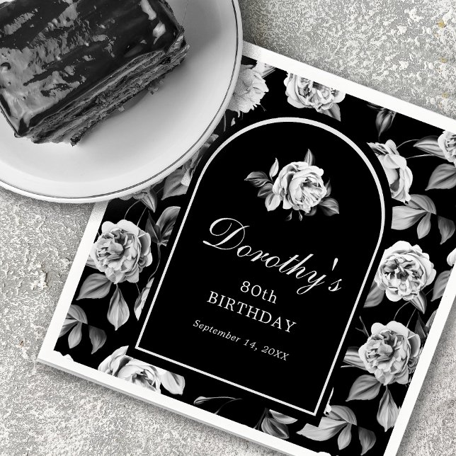 Serviette En Papier Black Blanc Rose Floral Arch 80e fête d'anniversai (Créateur téléchargé)