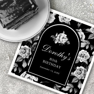 Serviette En Papier Black Blanc Rose Floral Arch 80e fête d'anniversai