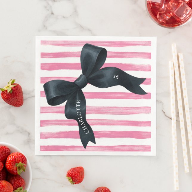 Serviette En Papier Black Bow with Pink White Stripe Birthday (En situation)