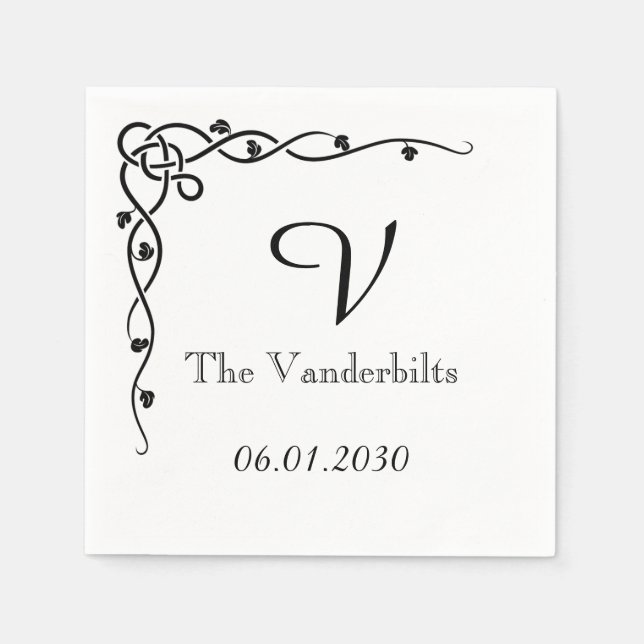Serviette En Papier Black Celtic Corner Vine Monogramme Mariage (Devant)