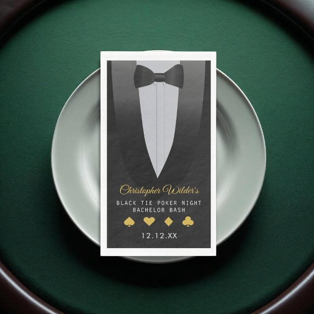 Serviette En Papier Black Cravate Poker Night Bachelor Party (A tuxedo paper guest towel - it’s perfect for a classy bachelor night with a casino twist.)