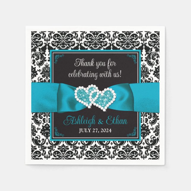 Serviette En Papier Black Damask, Turquoise Love Hearts Mariage (Devant)