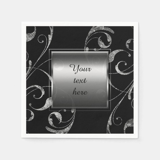 Serviette En Papier Black & Faux Silver Glass Floral Swirl Élégant (Devant)