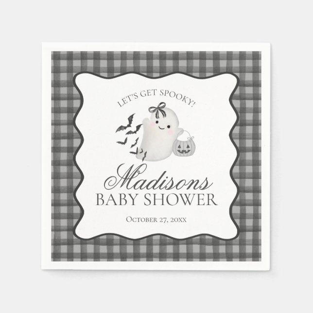 Serviette En Papier Black Gingham Little Boo Ghost Baby Shower Dessert (Devant)