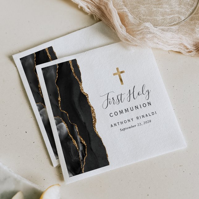 Serviette En Papier Black Gold Agate Première communion sainte (Créateur téléchargé)
