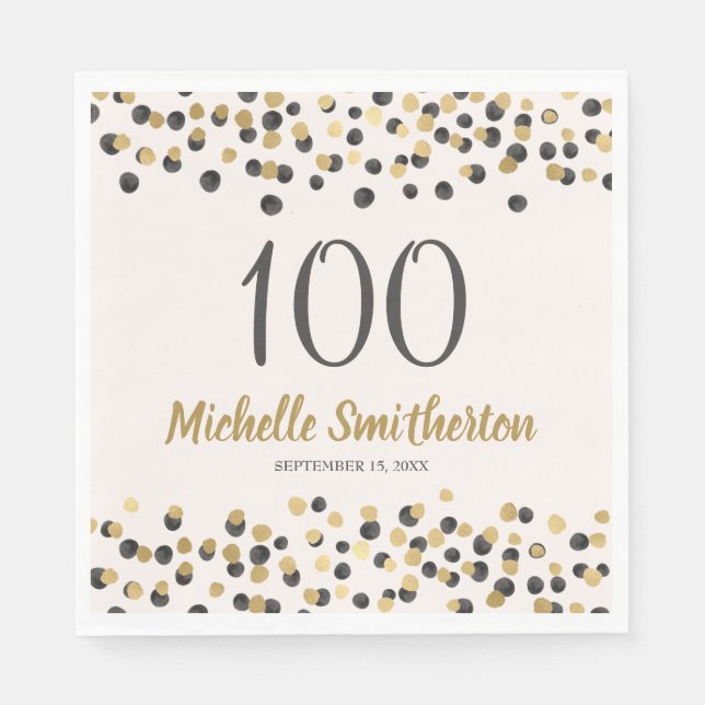 Serviette En Papier Black Gold Confetti Parties scintillant 100e anniv (Devant)