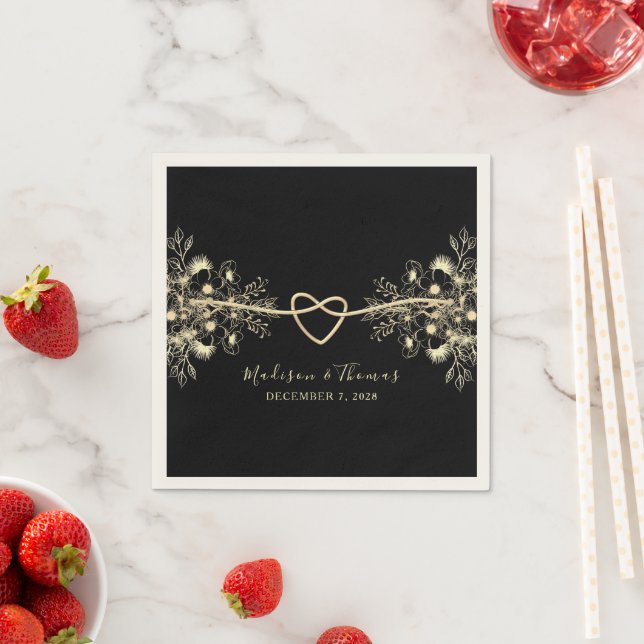 Serviette En Papier Black Gold Floral Mariage Cocktail Napkins (En situation)