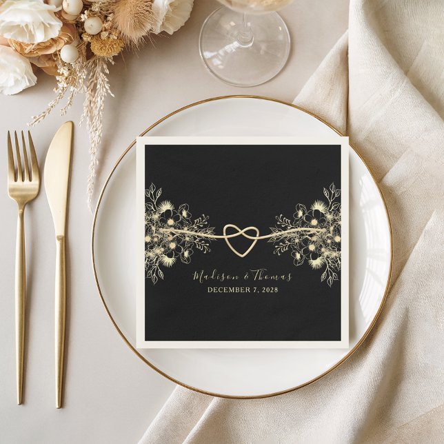 Serviette En Papier Black Gold Floral Mariage Cocktail Napkins (Créateur téléchargé)