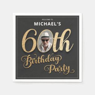 Serviette En Papier Black Gold Foil Photo personnalisée 60e anniversai