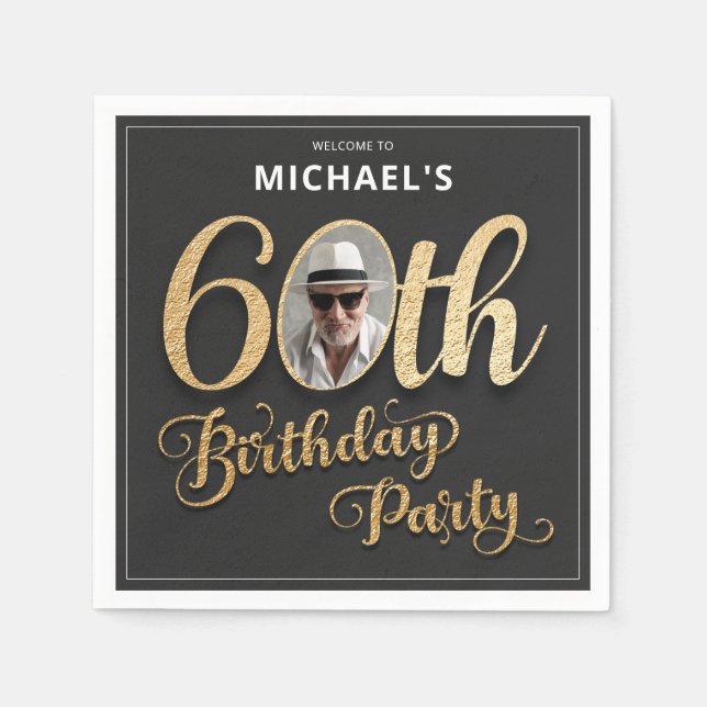 Serviette En Papier Black Gold Foil Photo personnalisée 60e anniversai (Devant)