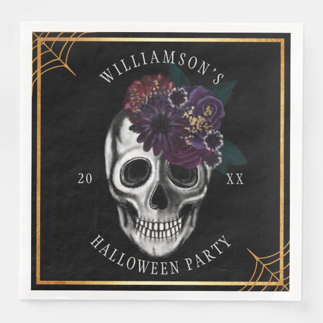 Serviette En Papier Black & Gold Moody Floral Halloween Skull Party (Devant)