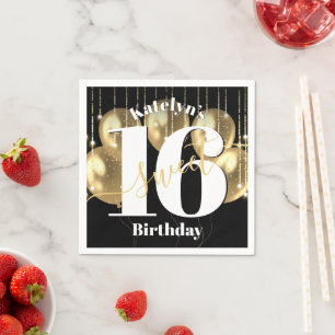 Serviette En Papier Black Gold Parties scintillant Sweet 16 Balloons d