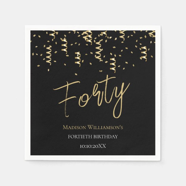 Serviette En Papier Black & Gold Quarty Minimal 40e fête d'anniversair (Devant)