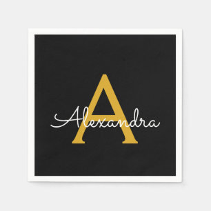 Serviette En Papier Black Gold Script Monogramme Nom Moderne