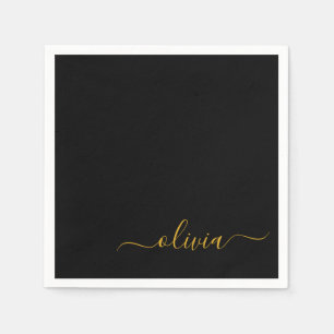 Serviette En Papier Black Gold Script Monogramme Nom Moderne