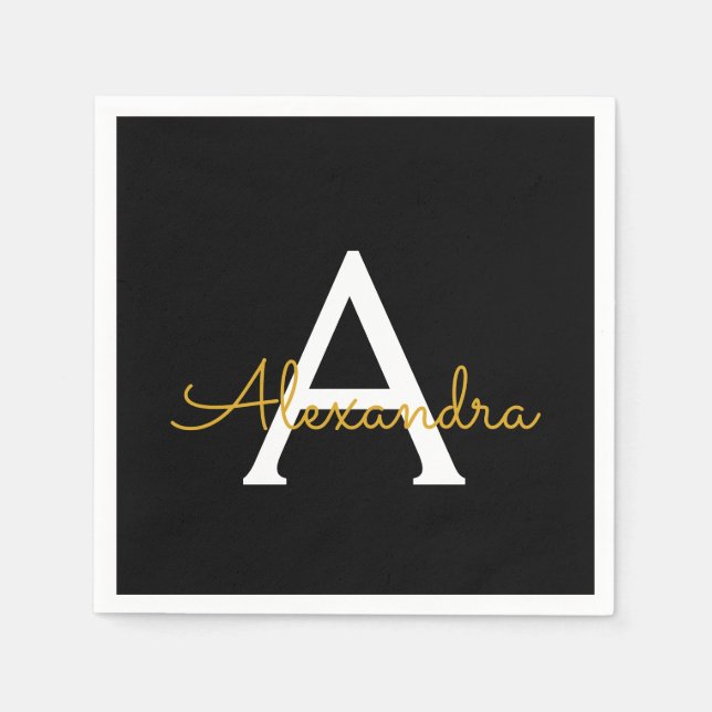 Serviette En Papier Black Gold Script Monogramme Nom Moderne (Devant)
