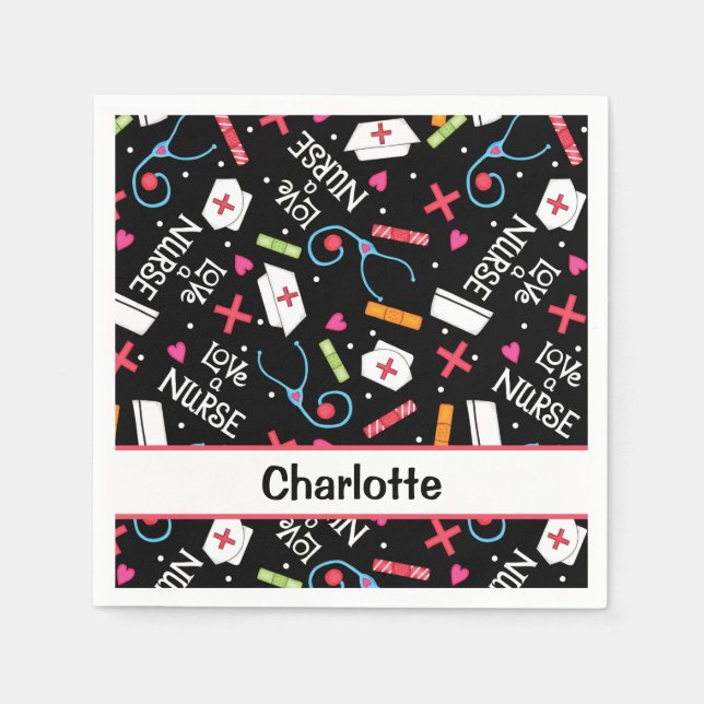 Serviette En Papier Black Love a Nurse Whimsy Art Personnalisé Party (Devant)