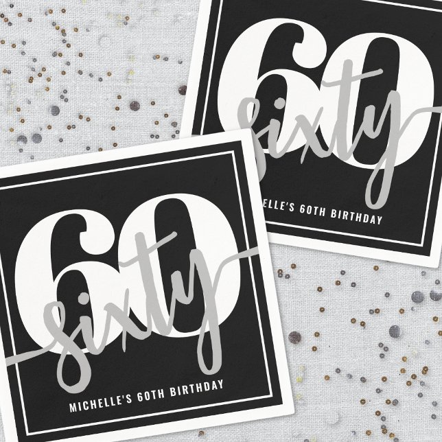 Serviette En Papier Black moderne 60e fête d'anniversaire (Modern Black 60th Birthday Party Napkins)