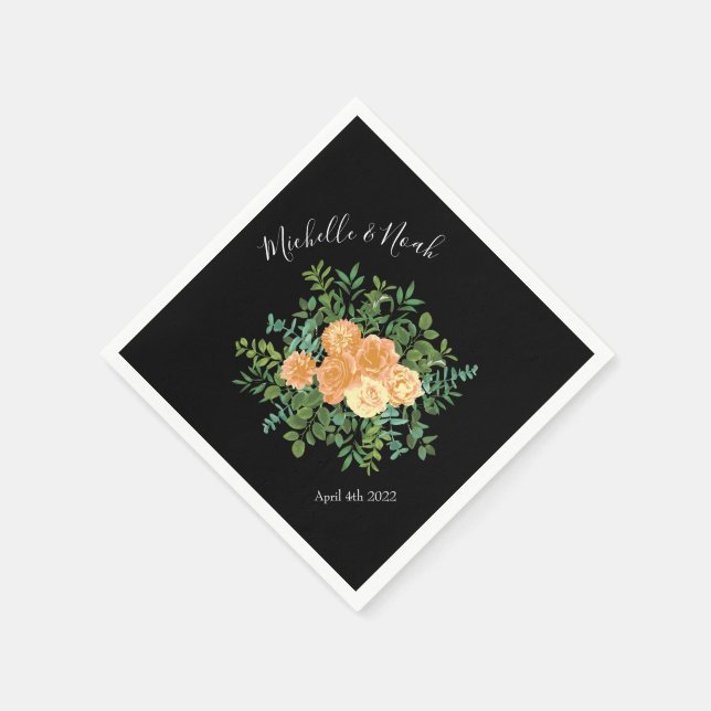 Serviette En Papier Black & Peach Mariage Floral moderne (Coin)