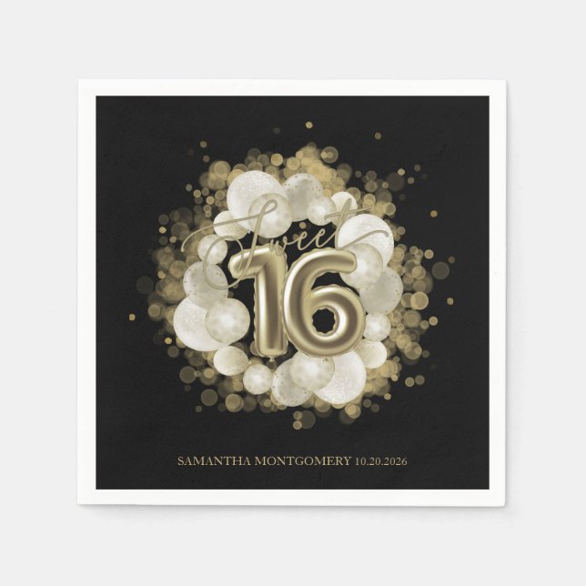 Serviette En Papier Black Sweet 16 Ballons d'aquarelle or (Devant)
