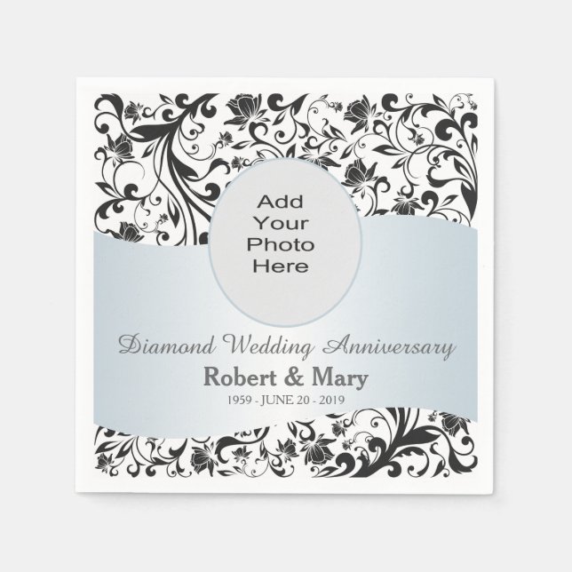 Serviette En Papier Black Swirl Diamond 60e anniversaire de Mariage Ph (Devant)