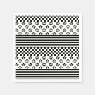 Serviette En Papier Black White Boho Check Floral Stripes Motif