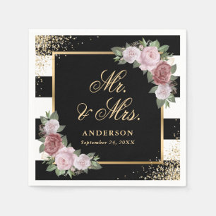 Serviette En Papier Black White Gold Floral M. et Mme Mariage