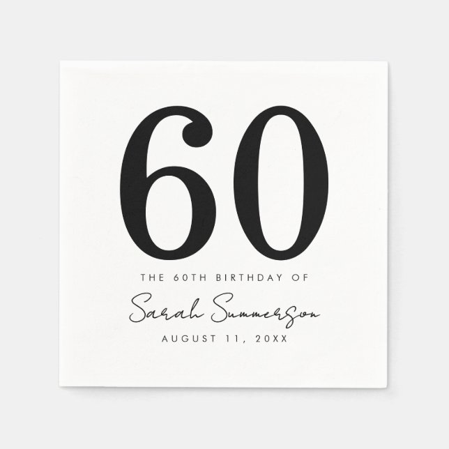 Serviette En Papier Black White Name Date Sixty 60th Birthday Party (Devant)