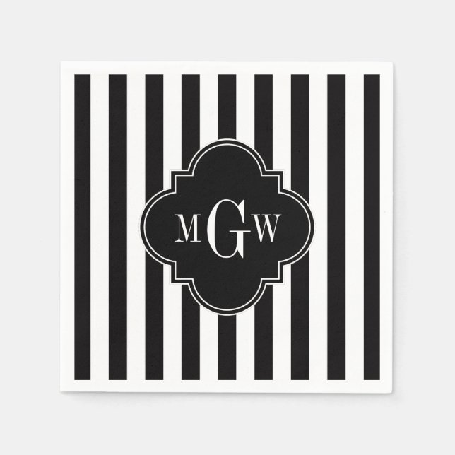 Serviette En Papier Black White Stripe Black Quatrefoil 3 Monogramme (Devant)